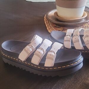 Dr. Martens White Leather 3-Strap Slip-On Sandals.  Woman's Size 7